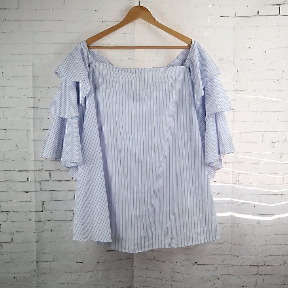 DO+BE BLUE & WHITE STRIPE OFF THE SHOULDER BABYDOLL TOP SIZE SMALL